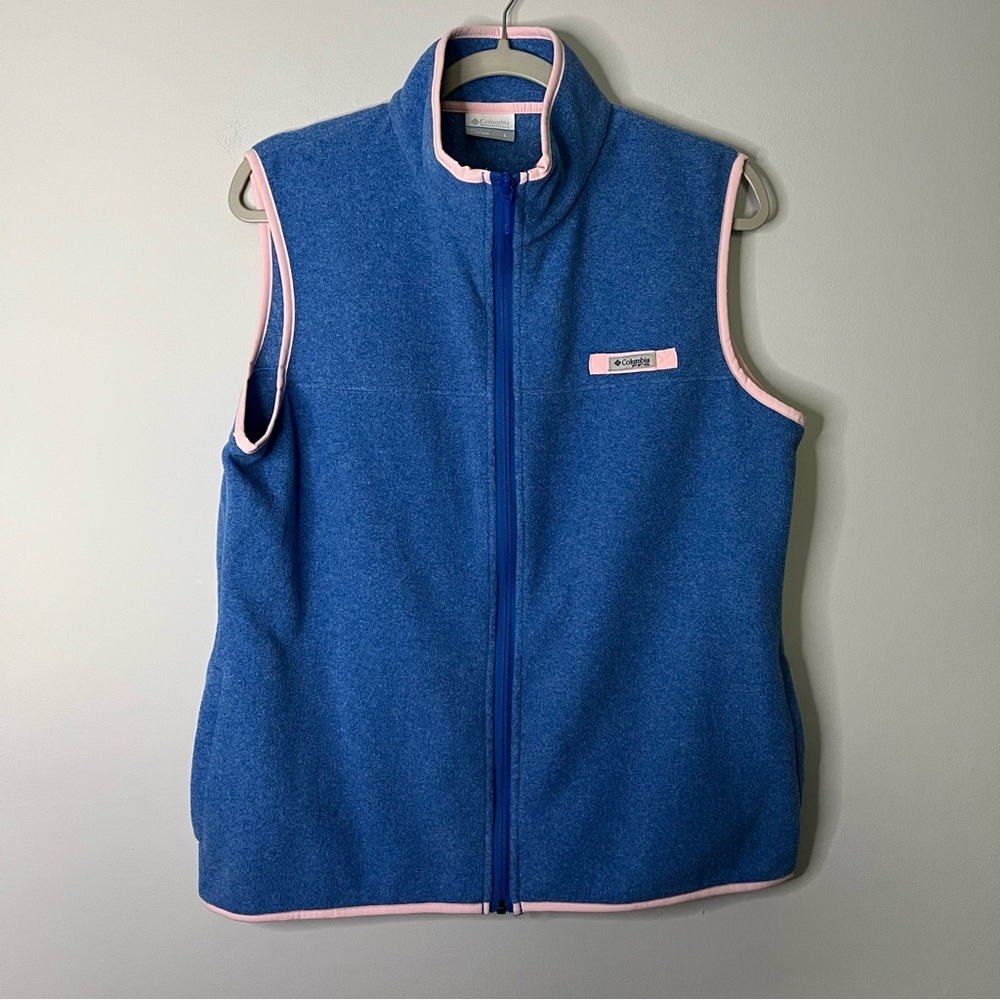 Woman’s Columbia blue fleece pink trim vest size large L